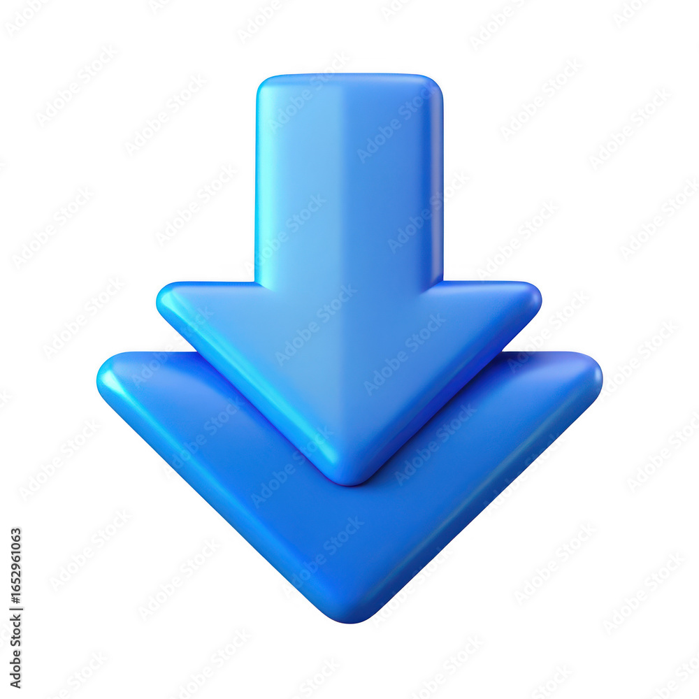 Poster a glossy blue 3d downward pointing arrow icon symbolizing download or save action isolated on transp
