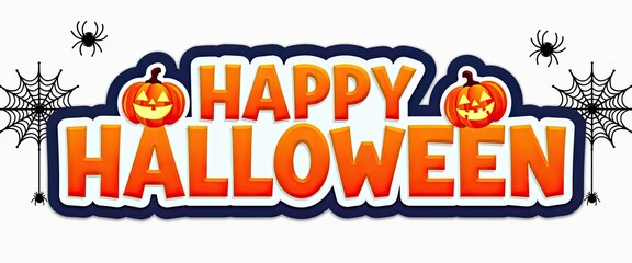 Obraz premium Happy halloween text with pumpkins and spiders, a festive and spooky design perfect for greeting cards, invitations, and decorations for the autumn holiday celebration