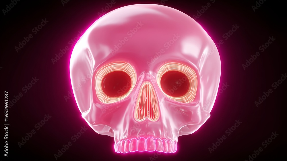 Poster a pink skull with red eyes and a pink nose. the skull is glowing and he is a part of a computer anim