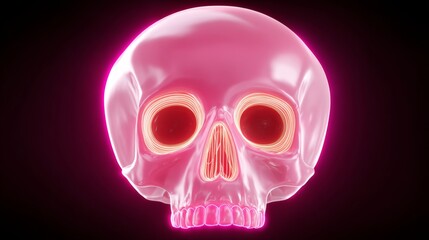 A pink skull with red eyes and a pink nose. The skull is glowing and he is a part of a computer animation