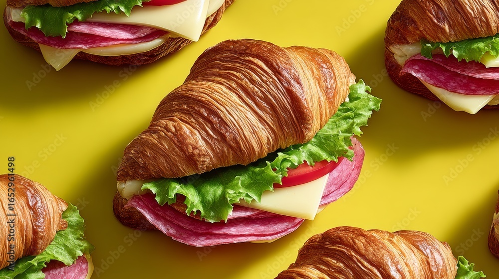 Poster a row of croissants with ham and lettuce sandwiches on top. the sandwiches are arranged in a neat ro