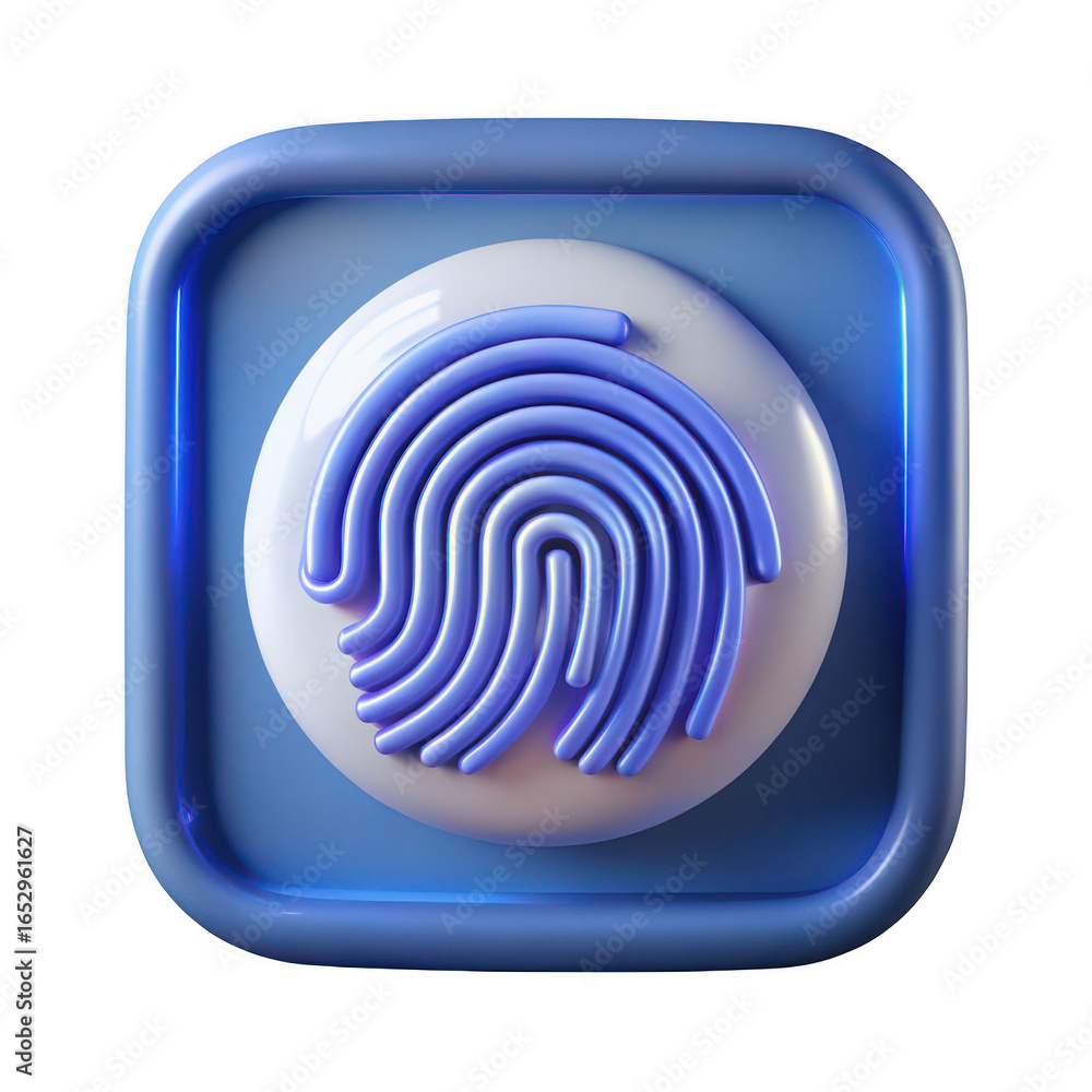 Fototapete abstract 3d rendering of a purple fingerprint icon within a blue rounded square interface element is