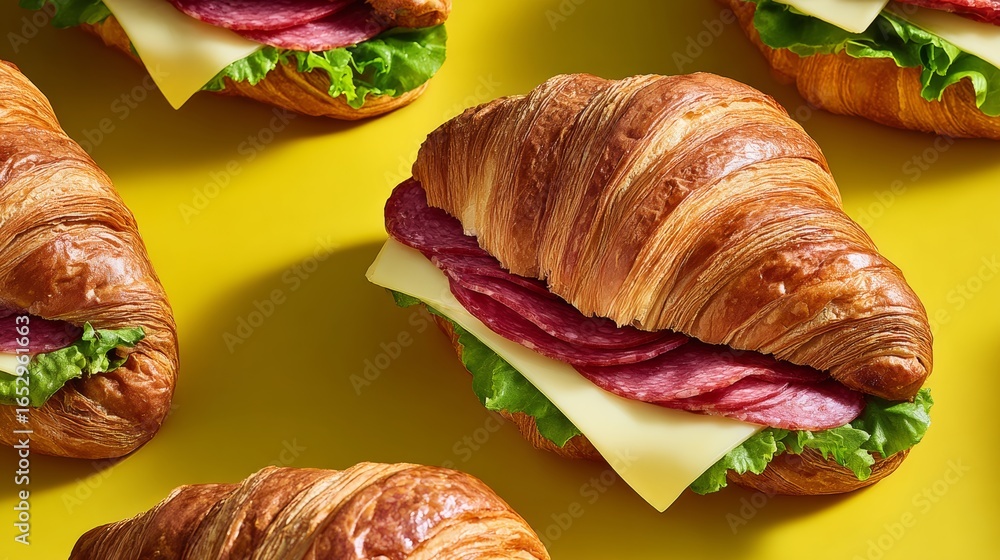 Poster a row of croissants with ham and cheese sandwiches on top. the sandwiches are arranged in a neat row