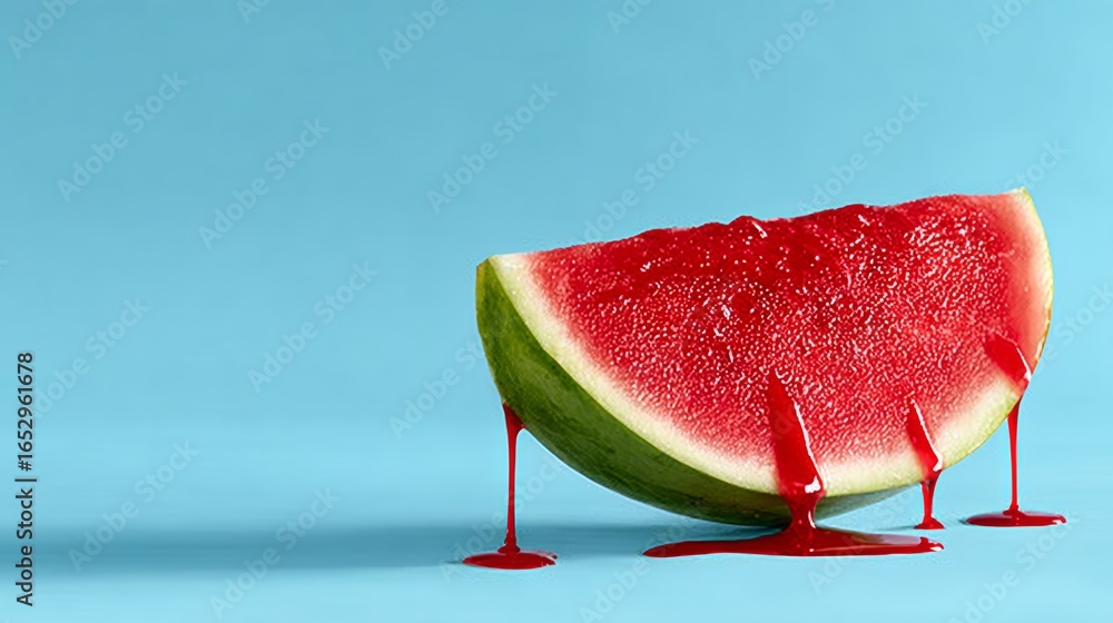 Poster a watermelon slice with red juice dripping from it. the juice is dripping from the watermelon slice 