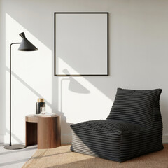 Modern minimalist living room interior:  dark grey corduroy armchair, wooden side table, blank frame mockup.