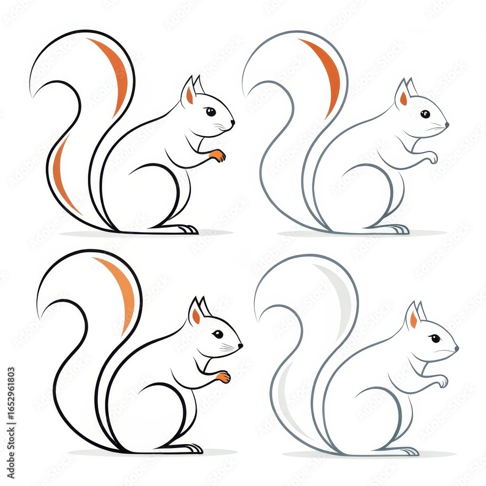 Poster four squirrel illustrations with different line styles and tail color accents on a white background