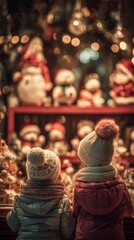 Fototapeta premium Children Looking at Christmas Window Display in Winter Snow