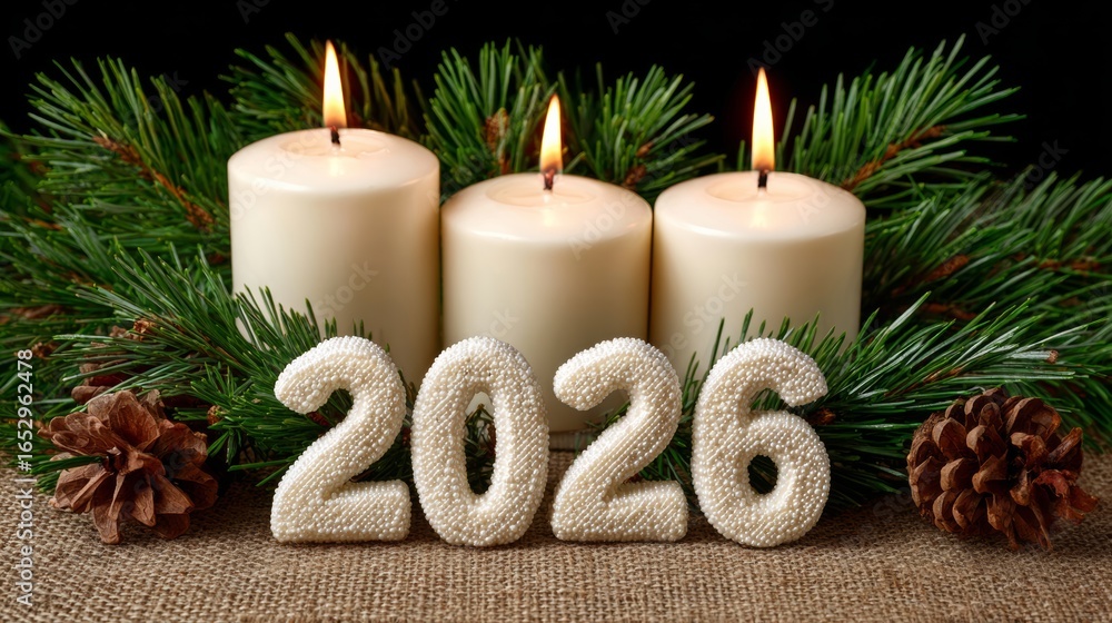 Poster a candle arrangement with three candles and a pine cone on a table with the number 2016 written in w