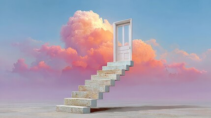 A white door is in the middle of a staircase. The door is open, and the staircase is empty. The sky is pink and cloudy, and the scene is peaceful and serene