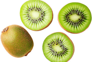 Fototapeta premium Fresh kiwi fruit slices and whole kiwi isolated on transparent background