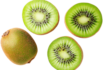 Fresh kiwi fruit slices and whole kiwi isolated on transparent background