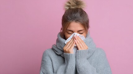 Young woman caught mid-sneeze, delicate tissue pressed to her face. Soft light highlights her natural expression and gentle features.