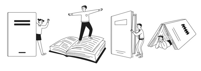 Doodle set of children with books. Reading a book, textbook, fiction. People. Vector line illustration. © Olena