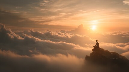 A serene figure meditates atop a mountain peak, overlooking a vast expanse of clouds at golden hour.