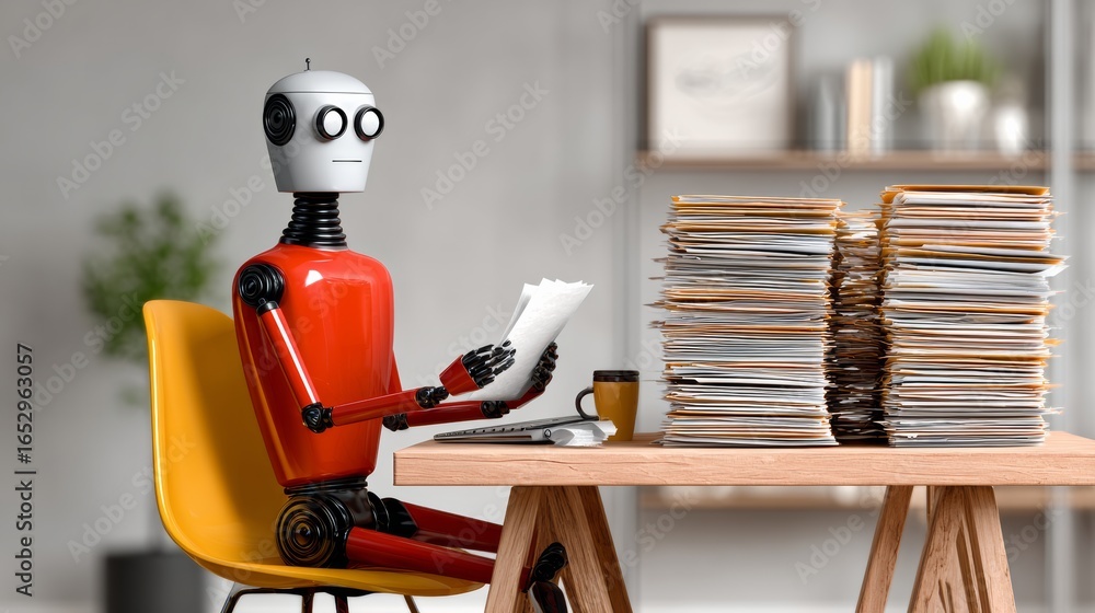 Poster a robot is sitting at a desk with a stack of papers in front of it. the robot is reading a piece of 