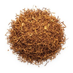 Pile of dried loose leaf rooibos tea on white background