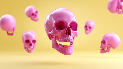 Pink skulls floating in the air with a yellow background. The skulls are smiling and seem to be having a good time