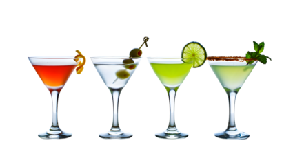 Photo of four colorful cocktails isolated on transparent background