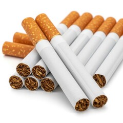 Close up of many white tipped cigarettes on a white background