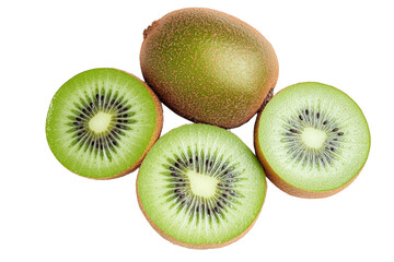 Fototapeta premium Whole kiwi fruit with slices isolated on transparent background, top view