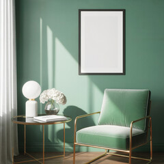 Serene sage green living room interior:  modern armchair,  mockup frame, sunlit ambiance.