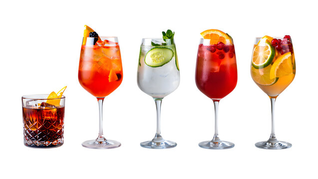 Photo of five assorted cocktails isolated on a transparent background