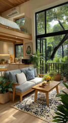 Fototapeta premium Cozy Cabin in the Trees: The inviting interior of a modern cabin home showcases a harmonious blend of nature and comfort.