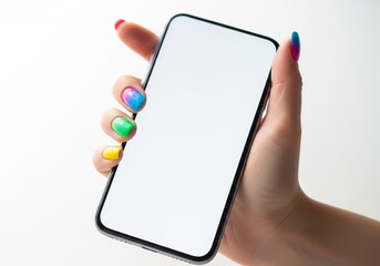 Phone Display in Hand: A female hand gracefully holds a sleek, modern smartphone, its blank display ready for your content, a testament to innovation and communication.
