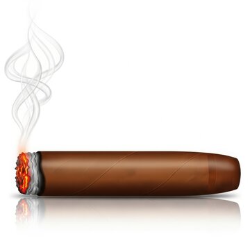 Burning cigar with wisps of smoke against a white background