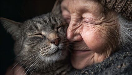 Elderly Woman Hugging Her Cat, Sharing Happiness and Love in a Heartwarming Close-Up