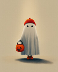Spooky Sweet Treat: A charming cartoon ghost, clad in a Halloween-themed costume, cradles a pumpkin candy bucket, ready to collect delightful sweets. A whimsical celebration of Halloween!