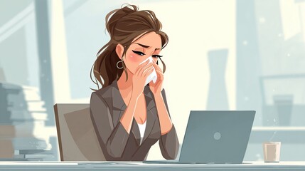 Person sneezing into a tissue at a cluttered office desk. Bright workspace with laptop, documents, and stationery surrounding.