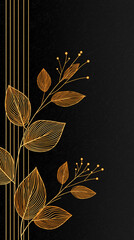 Elegant Golden Foliage on Black: A captivating composition of golden-hued leaves and delicate linear accents, delicately set against a luxurious dark backdrop.