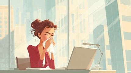 Person sneezing into a tissue at a cluttered office desk. Workspace filled with papers, laptop, and coffee cup in a bright, modern setting.