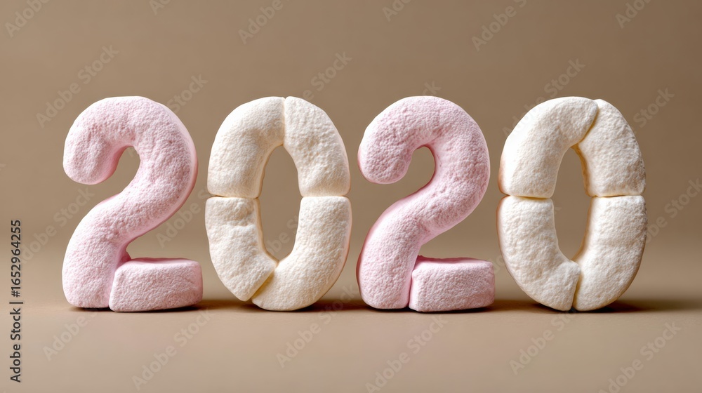 Poster a close up of four letters made out of marshmallows, spelling out the year 2020. the marshmallows ar