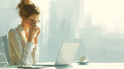 Person sneezing into a tissue at a cluttered office desk. Morning light illuminates scattered papers and a laptop in a busy workspace.