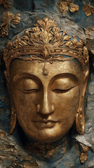 Golden Serenity: An intricately carved golden Buddha face radiates peace and tranquility, showcasing exquisite detail and the timeless beauty of Buddhist artistry.