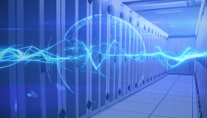 Futuristic server room with glowing blue energy