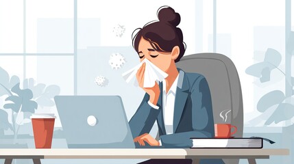 Person sneezing into a tissue while sitting at a cluttered office desk. Workspace with computer, papers, and coffee cup in a bright room.