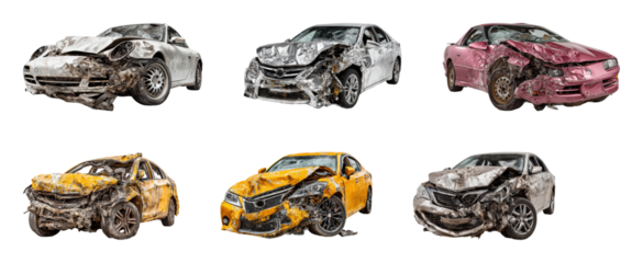 Damaged cars after collision urban collection tragic scene, isolated on transparent background, png set