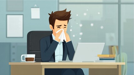 Person sneezing into a tissue at a cluttered office desk. Indoor workspace with computer and paperwork reflecting a busy workday.