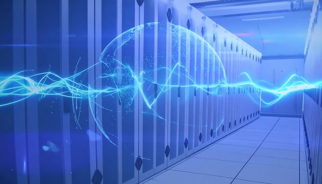 Futuristic server room with glowing blue energy - Powered by Adobe