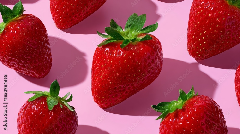 Poster a close up of a bunch of red strawberries. the strawberries are arranged in a row and are all the sa