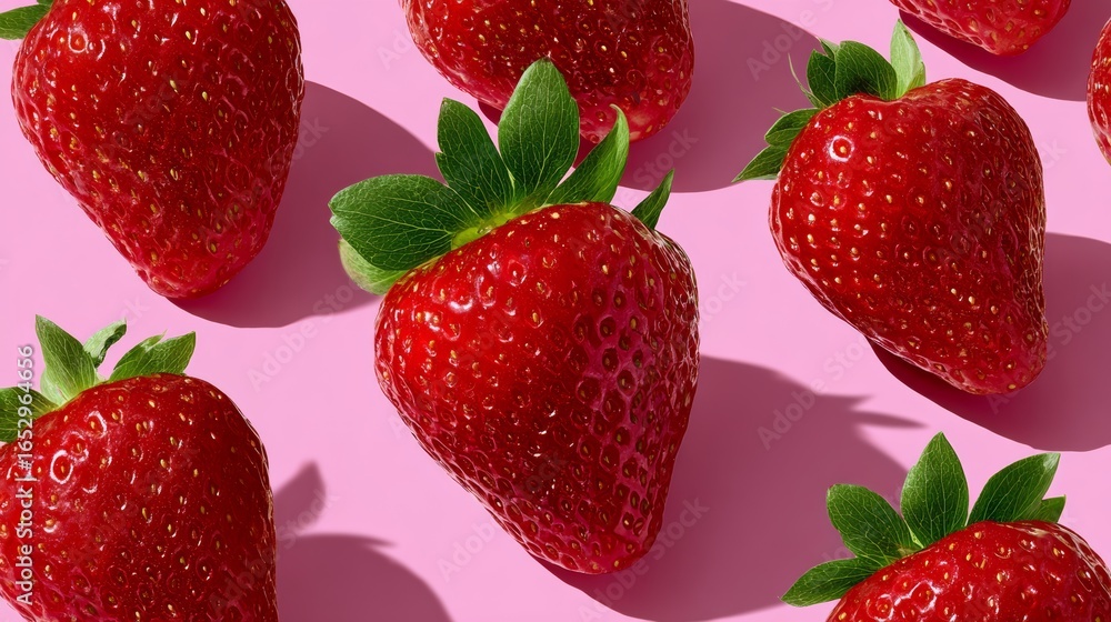 Poster a close up of a bunch of red strawberries. the strawberries are arranged in a row and are all the sa