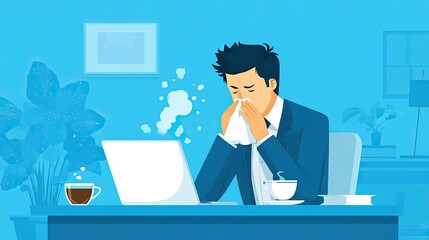 Person sneezing into a tissue at a cluttered office desk. Workspace filled with papers, laptop, and coffee cup in soft natural light.