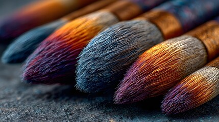 Fototapeta premium Macro photograph of high-end makeup brushes in a row. The ultra-soft bristles show a beautiful gradient of orange to purple against a dark background.