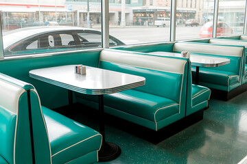 Retro diner booth seating with teal and white design, ready for customers to enjoy classic American cuisine