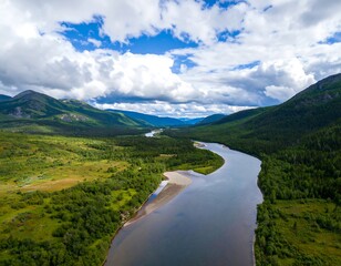 Scenic river valley, aerial view