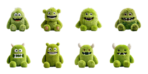 Playful green monster plush toys product fun concept, isolated on transparent background, png set