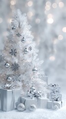 White and Silver Christmas Background with Presents and Lights